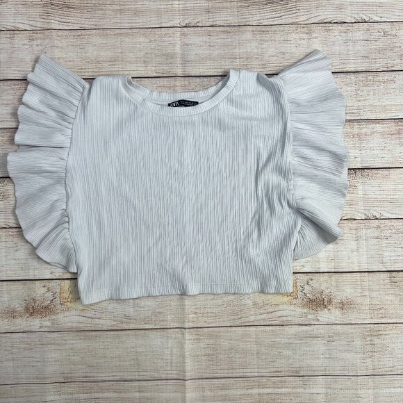 Zara White Ribbed Ruffle Dramatic Pleated Sleeve Crop‎ Top Blouse Size Large - Picture 1 of 6